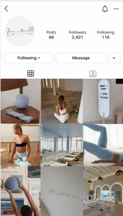 Pilates studio Instagram profile featuring classes, equipment and interiors