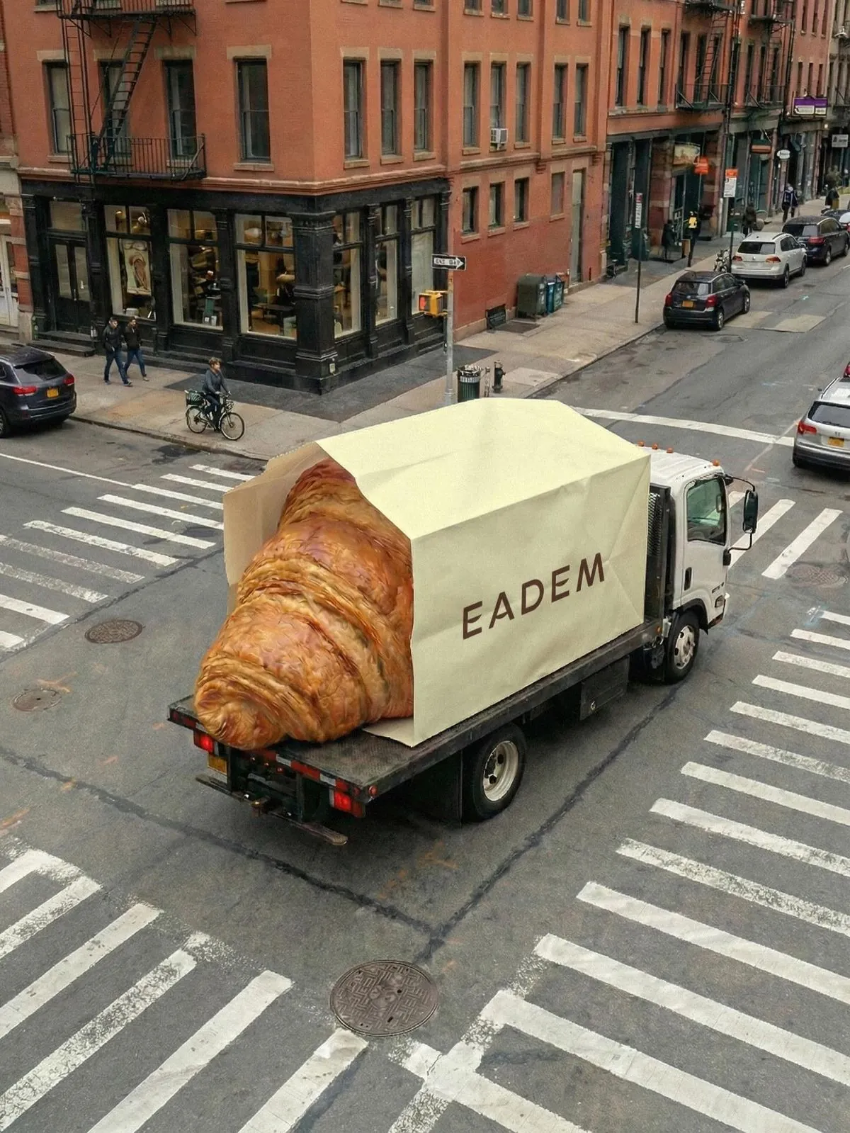 Eadem branded delivery truck carrying an oversized croissant through a city intersection