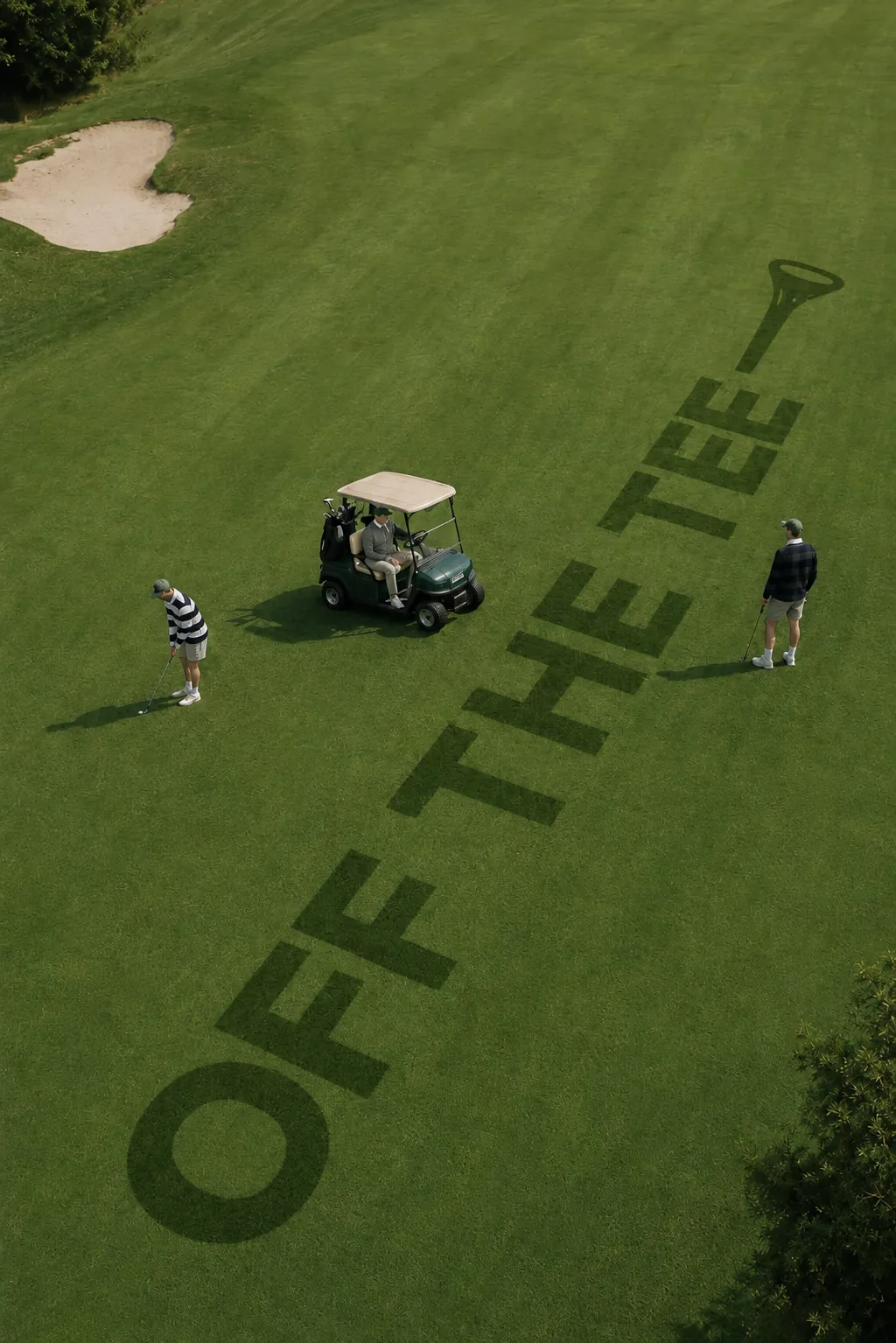 Aerial view of golfers and a cart on the Off the Tee golf course