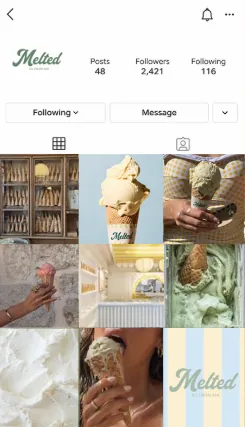 Melted Ice Cream Instagram profile featuring gelato and branded content